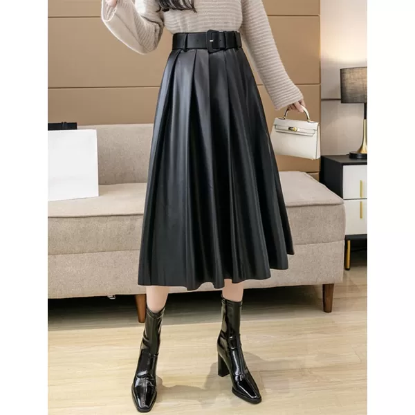 IDEALSANXUN Leather Pleated Skirt for Women 2023 High Waisted PU A Line Flared Fall Winter Midi Skirts with BeltBlack
