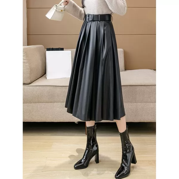 IDEALSANXUN Leather Pleated Skirt for Women 2023 High Waisted PU A Line Flared Fall Winter Midi Skirts with BeltBlack