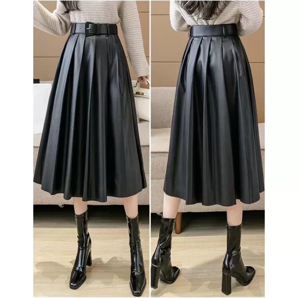 IDEALSANXUN Leather Pleated Skirt for Women 2023 High Waisted PU A Line Flared Fall Winter Midi Skirts with BeltBlack