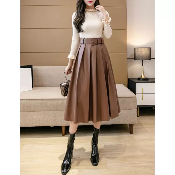 IDEALSANXUN Leather Pleated Skirt for Women 2023 High Waisted PU A Line Flared Fall Winter Midi Skirts with BeltCoffee