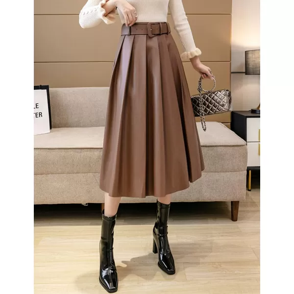 IDEALSANXUN Leather Pleated Skirt for Women 2023 High Waisted PU A Line Flared Fall Winter Midi Skirts with BeltCoffee