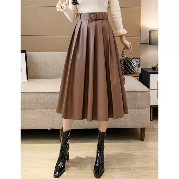 IDEALSANXUN Leather Pleated Skirt for Women 2023 High Waisted PU A Line Flared Fall Winter Midi Skirts with BeltCoffee