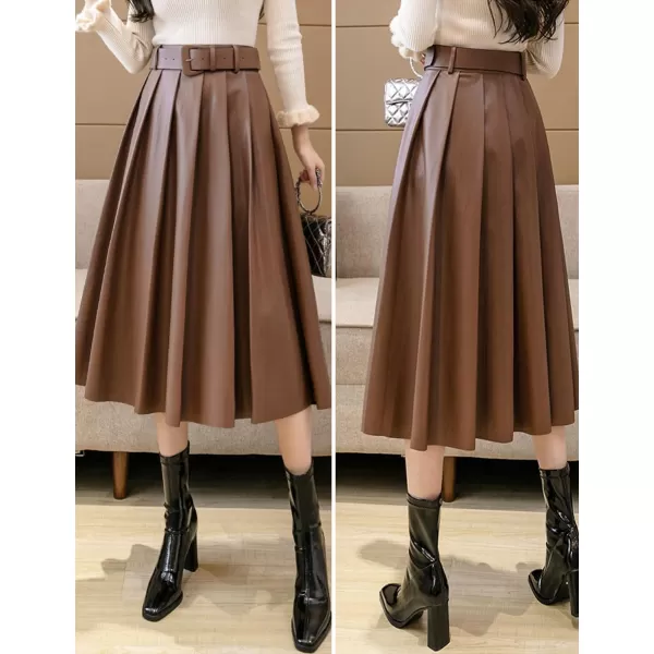 IDEALSANXUN Leather Pleated Skirt for Women 2023 High Waisted PU A Line Flared Fall Winter Midi Skirts with BeltCoffee