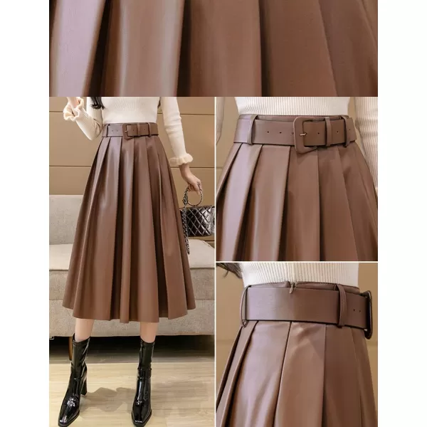 IDEALSANXUN Leather Pleated Skirt for Women 2023 High Waisted PU A Line Flared Fall Winter Midi Skirts with BeltCoffee