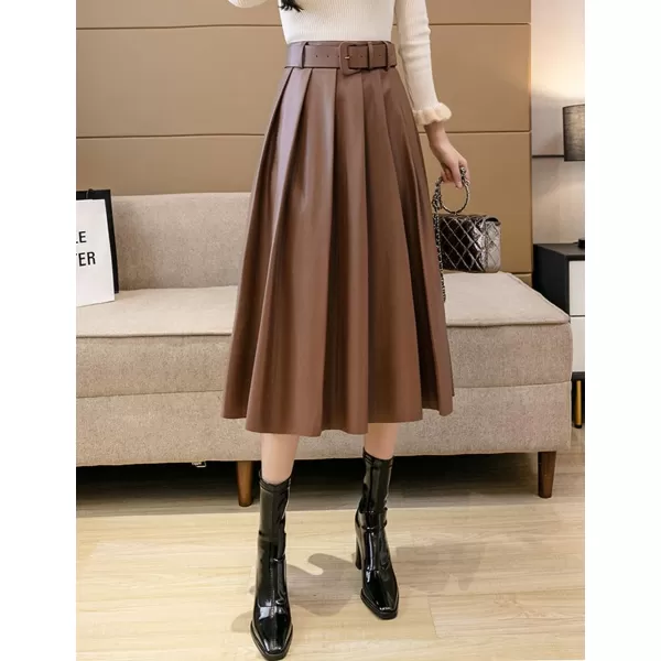 IDEALSANXUN Leather Pleated Skirt for Women 2023 High Waisted PU A Line Flared Fall Winter Midi Skirts with BeltCoffee