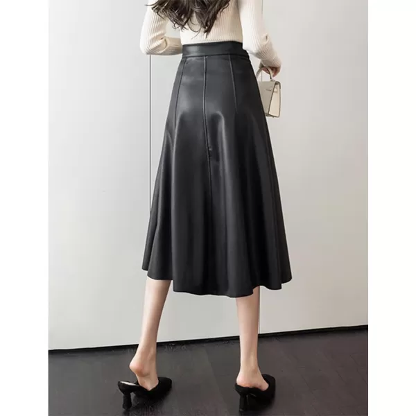 IDEALSANXUN Leather Pleated Skirt for Women 2023 Midi High Waisted A Line Flared Fall Winter Pleather Long SkirtBlack