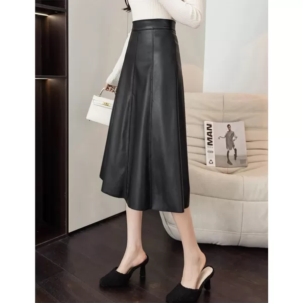 IDEALSANXUN Leather Pleated Skirt for Women 2023 Midi High Waisted A Line Flared Fall Winter Pleather Long SkirtBlack