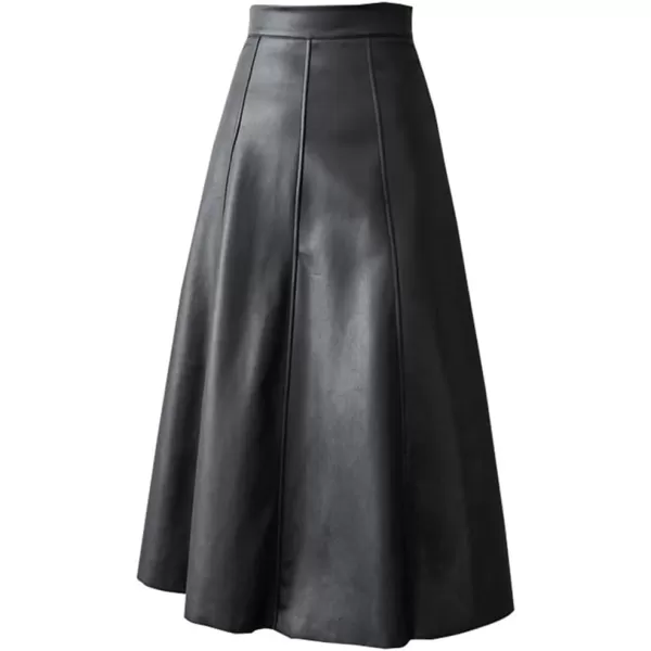 IDEALSANXUN Leather Pleated Skirt for Women 2023 Midi High Waisted A Line Flared Fall Winter Pleather Long SkirtBlack