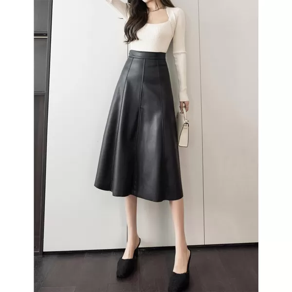 IDEALSANXUN Leather Pleated Skirt for Women 2023 Midi High Waisted A Line Flared Fall Winter Pleather Long SkirtBlack