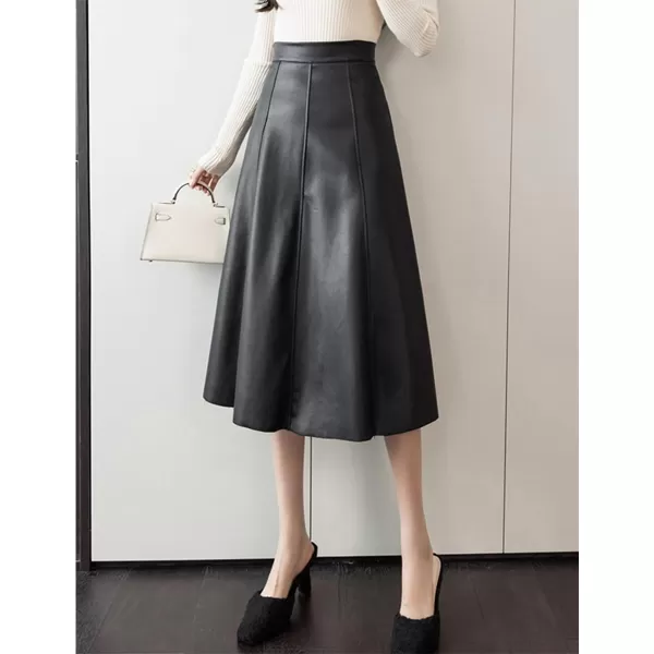 IDEALSANXUN Leather Pleated Skirt for Women 2023 Midi High Waisted A Line Flared Fall Winter Pleather Long SkirtBlack