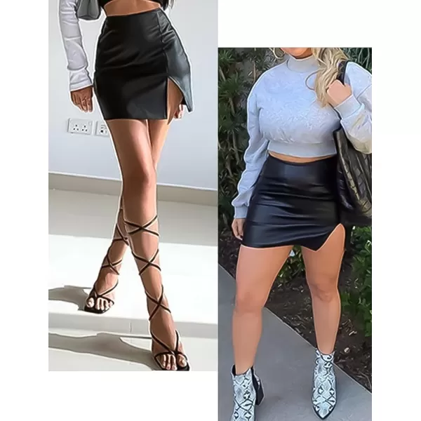 IDEALSANXUN Leather Skirts for Women 2023 Fall Winter High Waisted Bodycon Pencil Sexy Mini Skirt with SlitBlack