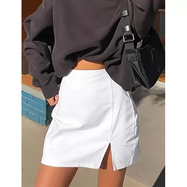 IDEALSANXUN Leather Skirts for Women 2023 Fall Winter High Waisted Bodycon Pencil Sexy Mini Skirt with SlitWhite