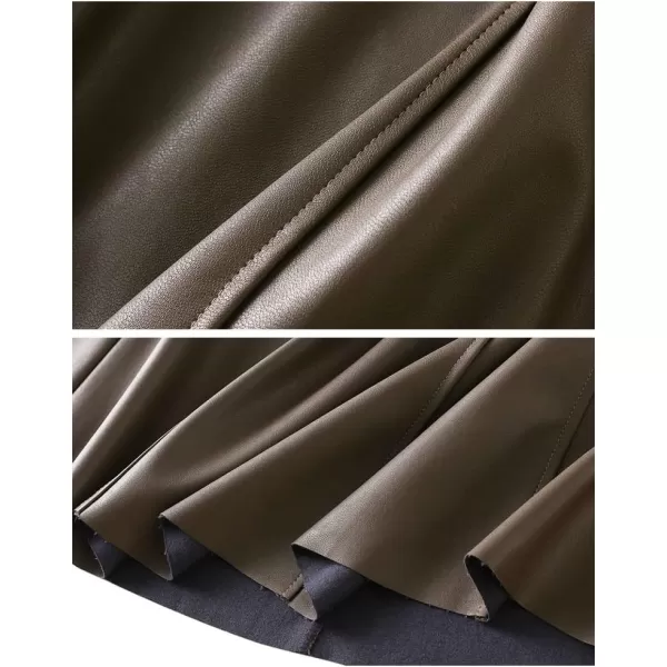 IDEALSANXUN Leather Skirts for Women Trendy High Waisted A Line Pu Leather Midi SkirtKhaki