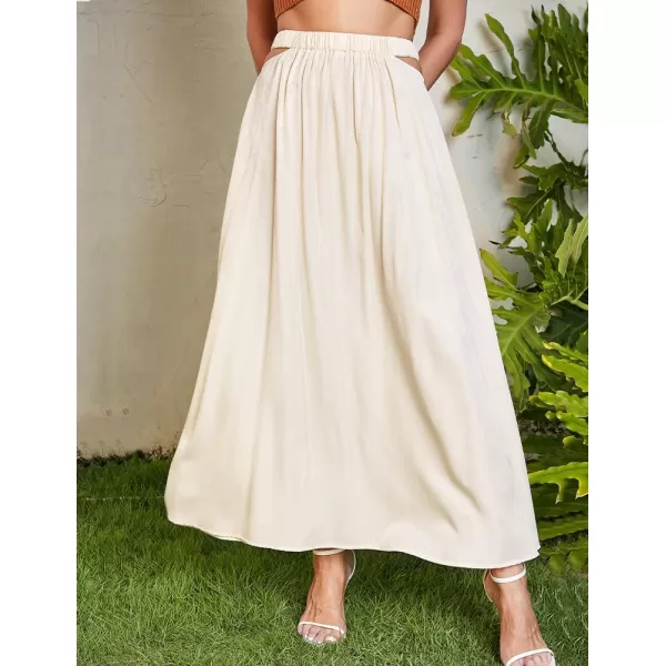 IDEALSANXUN Long Beach Skirt for Women Spring Summer 2024 High Waisted A Line Flowy Cotton Maxi SkirtBeige