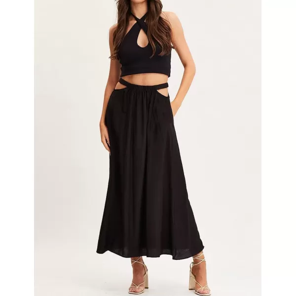 IDEALSANXUN Long Beach Skirt for Women Spring Summer 2024 High Waisted A Line Flowy Cotton Maxi SkirtBlack