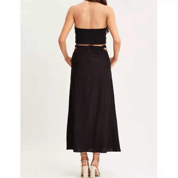 IDEALSANXUN Long Beach Skirt for Women Spring Summer 2024 High Waisted A Line Flowy Cotton Maxi SkirtBlack