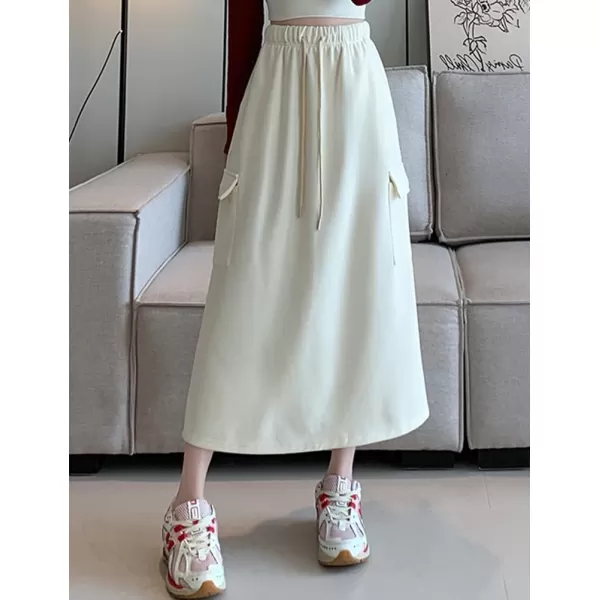 IDEALSANXUN Long Cargo Skirt for Women Fall Winter 2023 High Waisted A Line Drawstring Sweatshirt Midi Skirt with SlitBeige