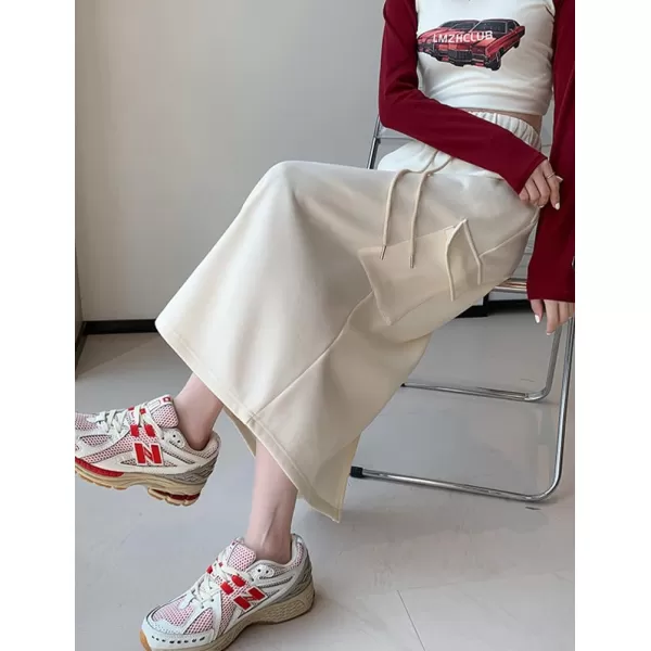 IDEALSANXUN Long Cargo Skirt for Women Fall Winter 2023 High Waisted A Line Drawstring Sweatshirt Midi Skirt with SlitBeige