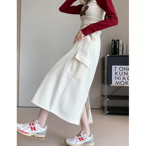 IDEALSANXUN Long Cargo Skirt for Women Fall Winter 2023 High Waisted A Line Drawstring Sweatshirt Midi Skirt with SlitBeige