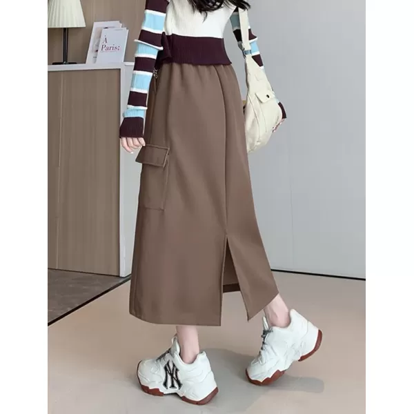 IDEALSANXUN Long Cargo Skirt for Women Fall Winter 2023 High Waisted A Line Drawstring Sweatshirt Midi Skirt with SlitCoffee