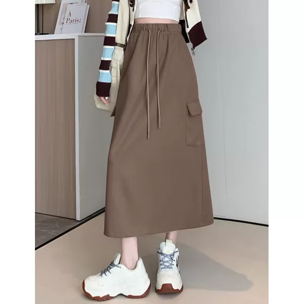 IDEALSANXUN Long Cargo Skirt for Women Fall Winter 2023 High Waisted A Line Drawstring Sweatshirt Midi Skirt with SlitCoffee