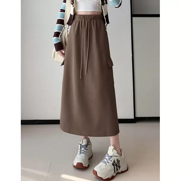 IDEALSANXUN Long Cargo Skirt for Women Fall Winter 2023 High Waisted A Line Drawstring Sweatshirt Midi Skirt with SlitCoffee