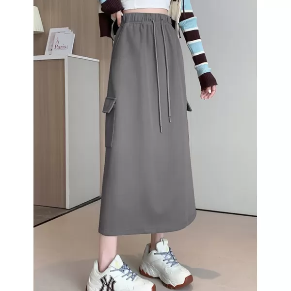 IDEALSANXUN Long Cargo Skirt for Women Fall Winter 2023 High Waisted A Line Drawstring Sweatshirt Midi Skirt with SlitDark Grey