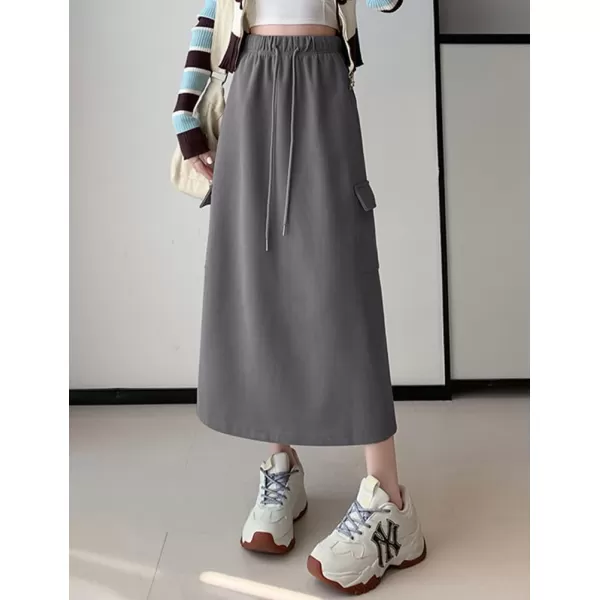 IDEALSANXUN Long Cargo Skirt for Women Fall Winter 2023 High Waisted A Line Drawstring Sweatshirt Midi Skirt with SlitDark Grey