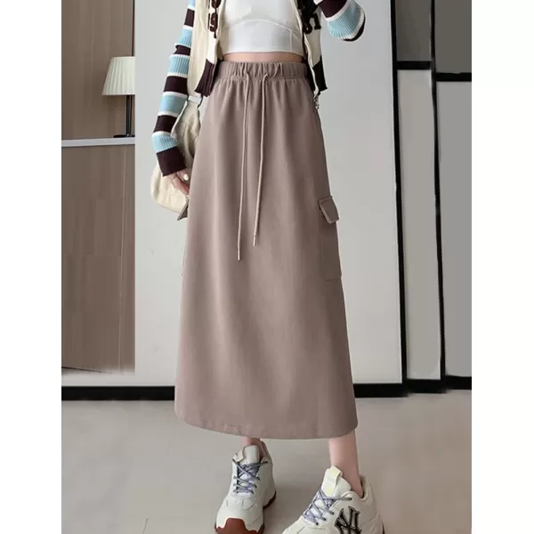 IDEALSANXUN Long Cargo Skirt for Women Fall Winter 2023 High Waisted A Line Drawstring Sweatshirt Midi Skirt with SlitKhaki