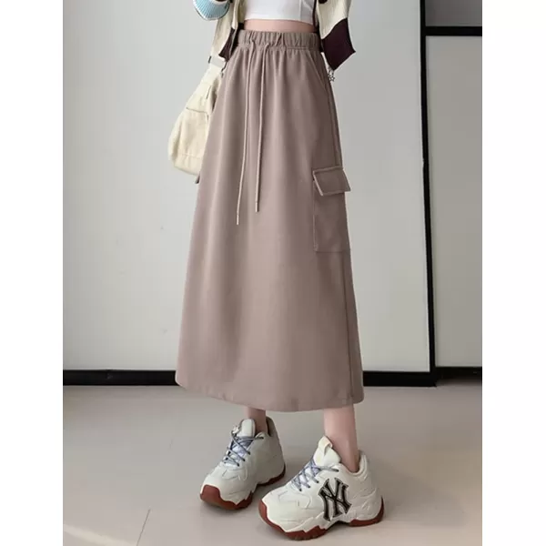 IDEALSANXUN Long Cargo Skirt for Women Fall Winter 2023 High Waisted A Line Drawstring Sweatshirt Midi Skirt with SlitKhaki
