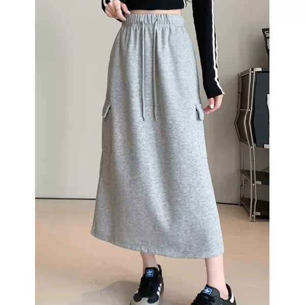 IDEALSANXUN Long Cargo Skirt for Women Fall Winter 2023 High Waisted A Line Drawstring Sweatshirt Midi Skirt with SlitLight Grey