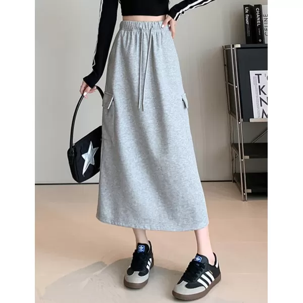 IDEALSANXUN Long Cargo Skirt for Women Fall Winter 2023 High Waisted A Line Drawstring Sweatshirt Midi Skirt with SlitLight Grey