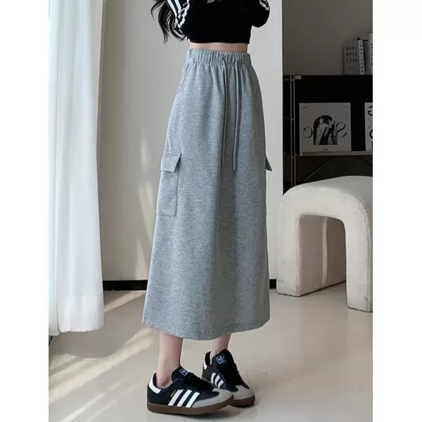 IDEALSANXUN Long Cargo Skirt for Women Fall Winter 2023 High Waisted A Line Drawstring Sweatshirt Midi Skirt with SlitLight Grey
