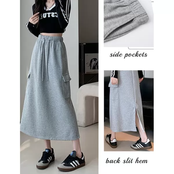 IDEALSANXUN Long Cargo Skirt for Women Fall Winter 2023 High Waisted A Line Drawstring Sweatshirt Midi Skirt with SlitLight Grey