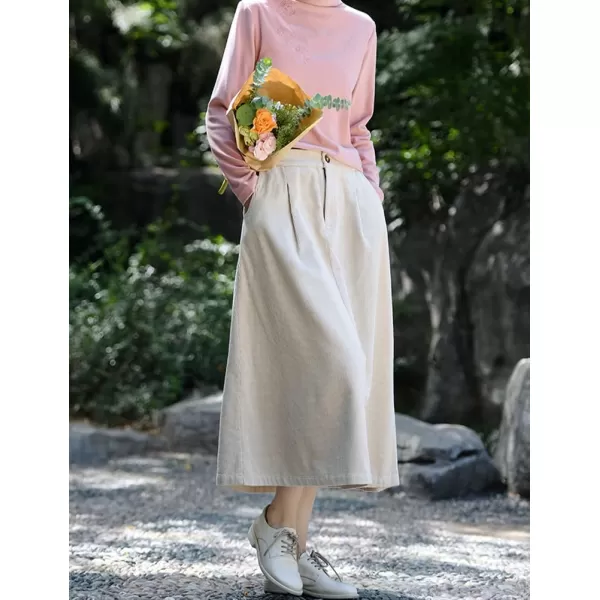 IDEALSANXUN Long Corduroy Skirt for Women High Waisted A Line Fall Winter Midi Skirt with PocketBeige