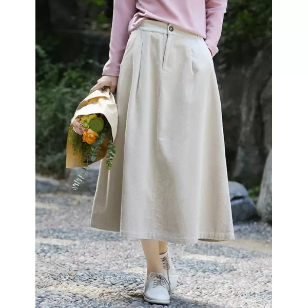 IDEALSANXUN Long Corduroy Skirt for Women High Waisted A Line Fall Winter Midi Skirt with PocketBeige