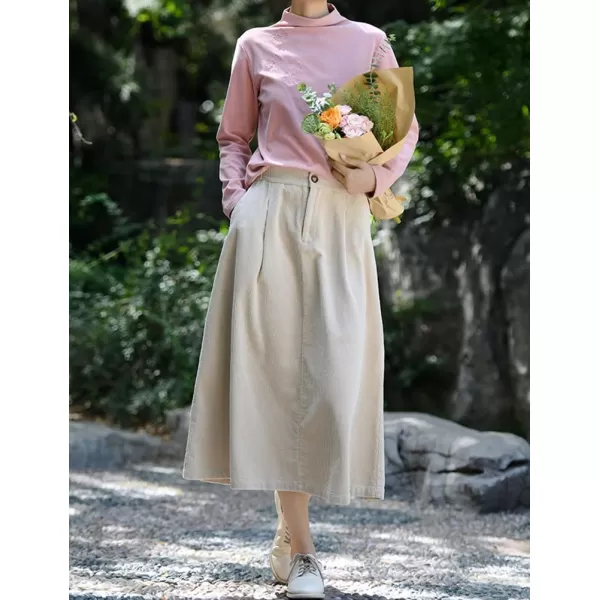 IDEALSANXUN Long Corduroy Skirt for Women High Waisted A Line Fall Winter Midi Skirt with PocketBeige