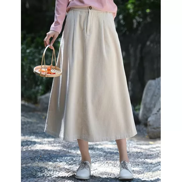 IDEALSANXUN Long Corduroy Skirt for Women High Waisted A Line Fall Winter Midi Skirt with PocketBeige