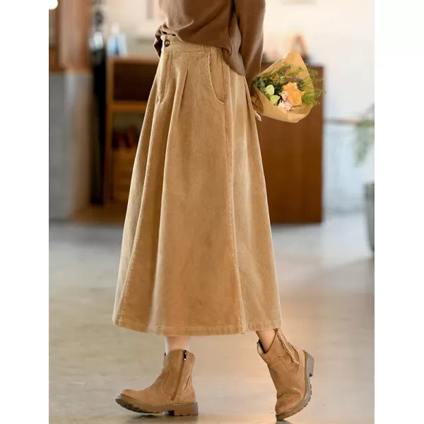 IDEALSANXUN Long Corduroy Skirt for Women High Waisted A Line Fall Winter Midi Skirt with PocketKhaki