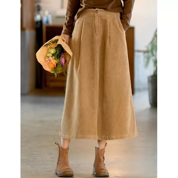 IDEALSANXUN Long Corduroy Skirt for Women High Waisted A Line Fall Winter Midi Skirt with PocketKhaki