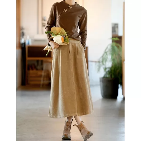 IDEALSANXUN Long Corduroy Skirt for Women High Waisted A Line Fall Winter Midi Skirt with PocketKhaki