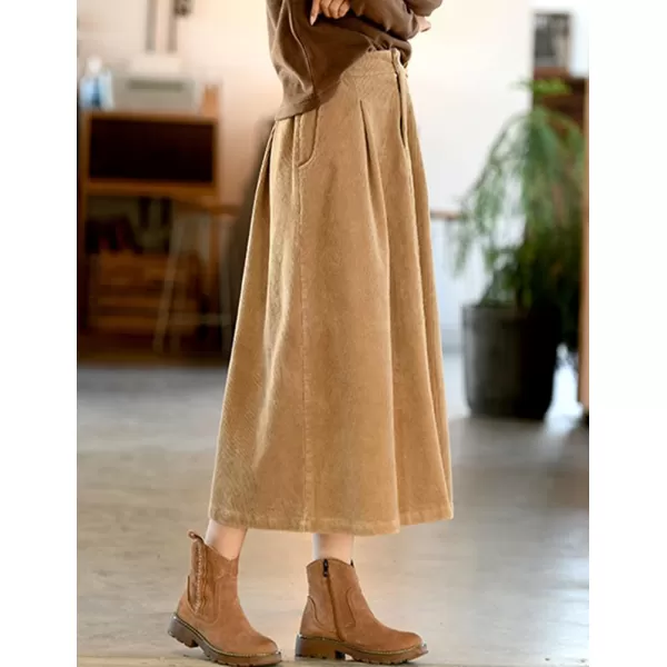 IDEALSANXUN Long Corduroy Skirt for Women High Waisted A Line Fall Winter Midi Skirt with PocketKhaki