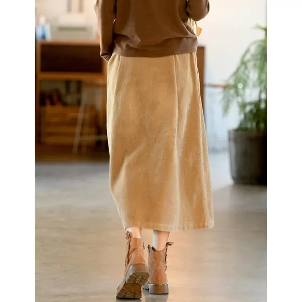 IDEALSANXUN Long Corduroy Skirt for Women High Waisted A Line Fall Winter Midi Skirt with PocketKhaki