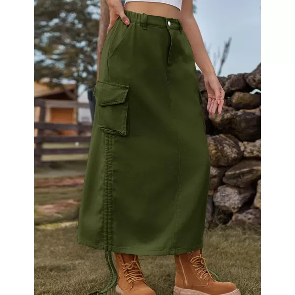 IDEALSANXUN Long Denim Cargo Skirts for Women Fashion 2023 Elastic High Waisted Slit Maxi Jean SkirtArmy