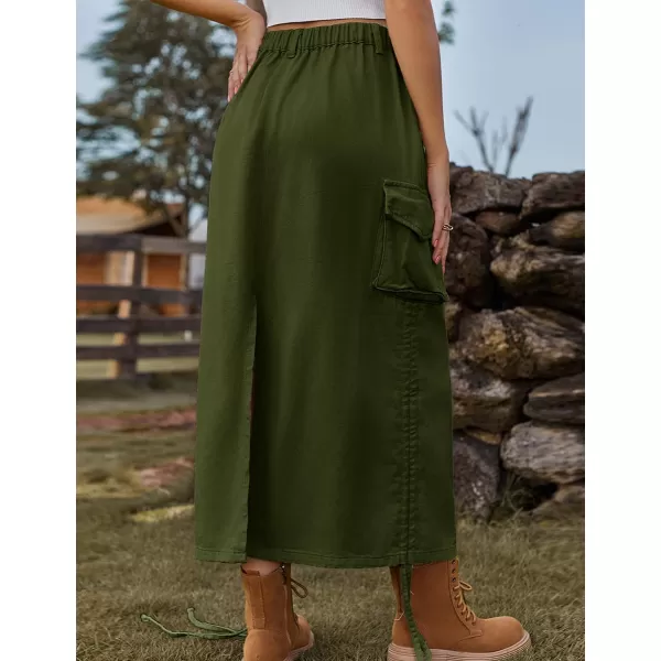 IDEALSANXUN Long Denim Cargo Skirts for Women Fashion 2023 Elastic High Waisted Slit Maxi Jean SkirtArmy