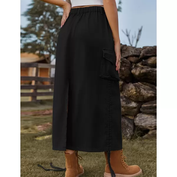 IDEALSANXUN Long Denim Cargo Skirts for Women Fashion 2023 Elastic High Waisted Slit Maxi Jean SkirtBlack