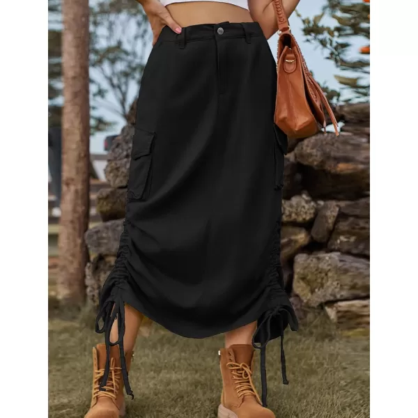 IDEALSANXUN Long Denim Cargo Skirts for Women Fashion 2023 Elastic High Waisted Slit Maxi Jean SkirtBlack