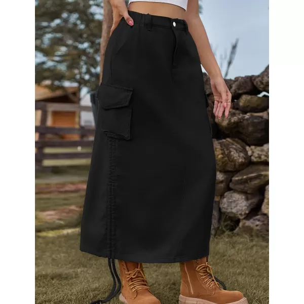 IDEALSANXUN Long Denim Cargo Skirts for Women Fashion 2023 Elastic High Waisted Slit Maxi Jean SkirtBlack