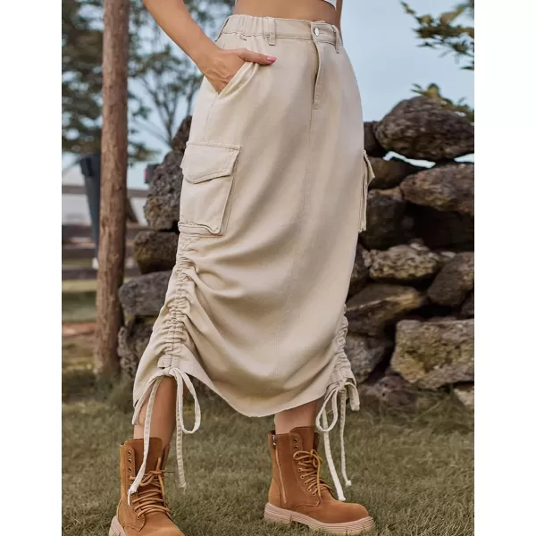 IDEALSANXUN Long Denim Cargo Skirts for Women Fashion 2023 Elastic High Waisted Slit Maxi Jean SkirtKhaki