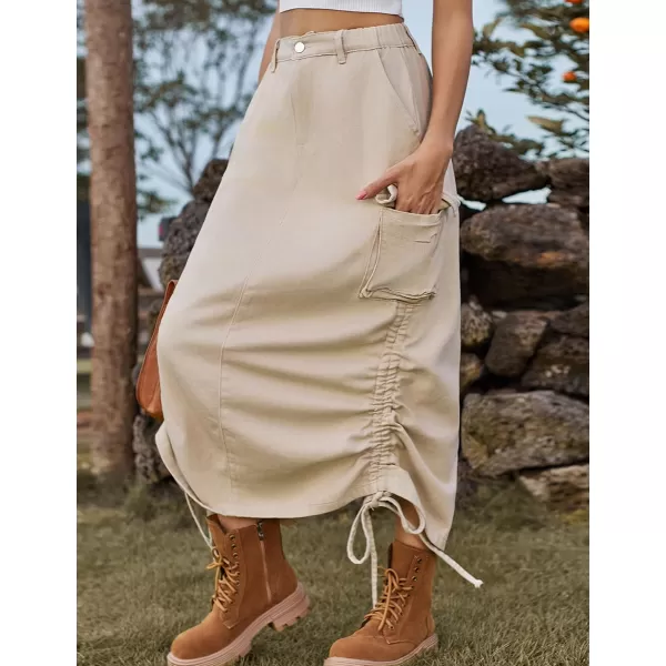 IDEALSANXUN Long Denim Cargo Skirts for Women Fashion 2023 Elastic High Waisted Slit Maxi Jean SkirtKhaki